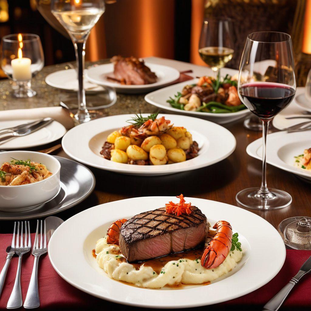 A collage of exquisite signature dishes from Ruth Chris, elegantly plated in a gourmet style, with a focus on vibrant colors and textures. Include a sizzling steak, a rich lobster tail, and decadent sides like truffle mashed potatoes, all set against a classy dining backdrop. Soft, warm lighting to enhance the luxurious feel. super-realistic. vibrant colors. elegant dining atmosphere.
