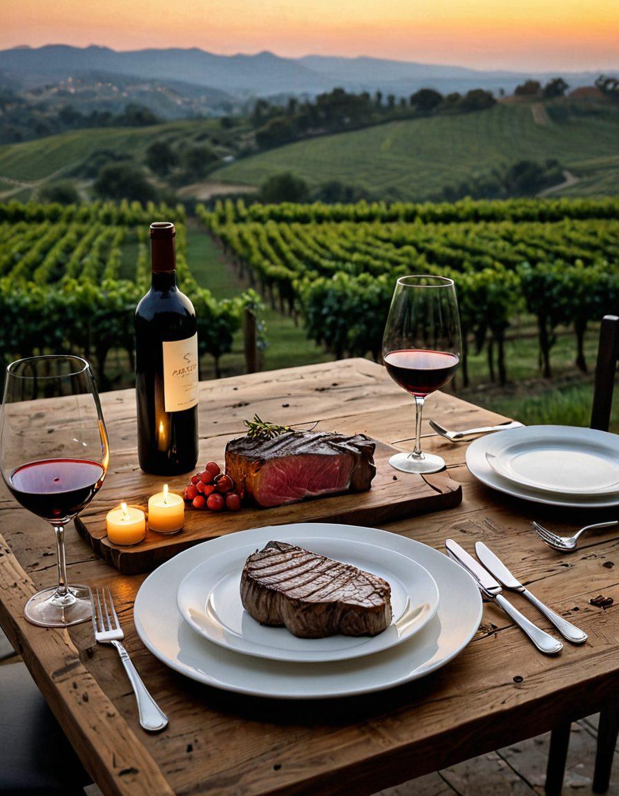 A beautifully set dining table featuring a perfectly cooked steak on a rustic wooden plate, paired with a glass of deep red wine. Elements include a vineyard landscape in the background, soft candlelight, and elegant wine decanters. The atmosphere exudes sophistication and indulgence. warm lighting. highly detailed. super-realistic.